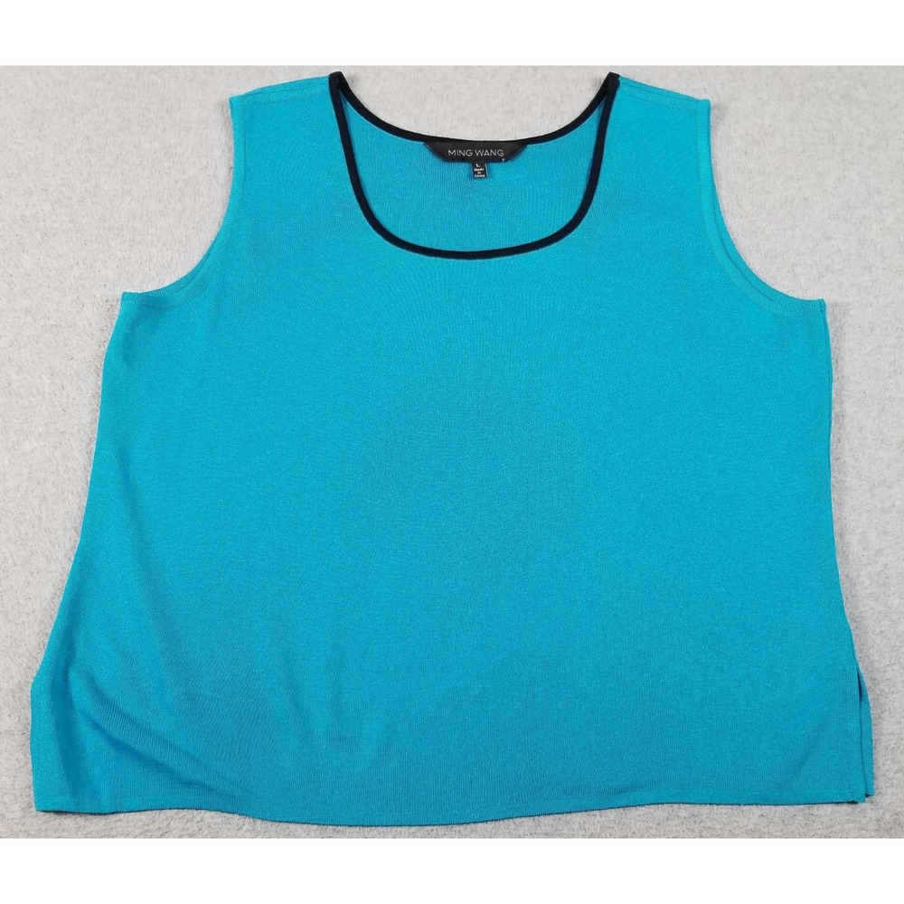Ming Wang Tank Top Women's L Large Blue Black Trim Knit Sleeveless Shell Stretch
